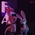  2017 absurd_res anthro barefoot beverage breasts canine clothed clothing dipstick_ears dipstick_tail disney duo erection eyes_closed fanartiguess fox gloves_(marking) halter_top hands_on_hips hi_res holding_object inside judy_hopps lagomorph mammal markings multicolored_tail nick_wilde nude pants penis purple_eyes rabbit rear_view shot_glass sign sitting small_breasts smile socks_(marking) sofa standing zootopia 