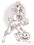 2017 anthro blood caprine chewycuticle clothing crunchy ear_piercing gauged_ear goat hooves jack-o&#039;-lantern jeans male mammal pants piercing simple_background sketch torn_clothing undead white_background zombie 