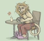  2014 angry anthro beverage bunny_slippers chair chewycuticle clothed clothing coffee cup feline flower green_background hair lion male mammal mane messy_hair pajamas plant simple_background slippers solo table topless 