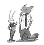  2016 anthro canine digital_drawing_(artwork) digital_media_(artwork) dipstick_ears dipstick_tail disney dravening duo female fox fur greyscale half-closed_eyes hi_res judy_hopps lagomorph long_ears looking_at_viewer male mammal monochrome multicolored_tail necktie nick_wilde pointing pointing_at_viewer rabbit red_fox simple_background sketch white_background zootopia 