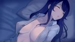  blue_hair breasts closed_eyes game_cg large_breasts long_hair lying non-web_source on_back on_bed open_clothes open_shirt original parted_lips shirt sidelocks sleeping solo upper_body walzrj 