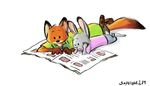  2016 absurd_res anthro black_nose canine clothed clothing digital_drawing_(artwork) digital_media_(artwork) dipstick_ears dipstick_tail disney duo female fox fur grey_fur hand_on_head hawaiian_shirt hi_res judy_hopps lagomorph lying male mammal multicolored_tail newspaper nick_wilde on_front orange_fur rabbit reading shirt simple_background small_tail softlight289 white_background zootopia 
