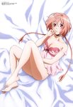  absurdres barefoot bed_sheet black_bow blush bow bow_babydoll braid highres lily_(netojuu_no_susume) lingerie long_braid long_hair megami netojuu_no_susume official_art panties pink_babydoll pink_eyes pink_hair pink_panties solo strap_slip twin_braids underwear underwear_only yamada_fumi_(artist) 