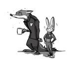  2016 3_toes anthro canine clothed clothing digital_drawing_(artwork) digital_media_(artwork) dipstick_ears dipstick_tail disney dravening duo female fox fur greyscale half-closed_eyes hands_on_hips holding_cup judy_hopps lagomorph male mammal monochrome multicolored_tail nick_wilde police_uniform rabbit red_fox simple_background sketch sparkles tired toes uniform white_background zootopia 