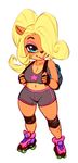  2017 anthro bandage benhickling black_nose blonde_hair blue_eyes breasts cleavage clothed clothing coco_bandicoot crash_bandicoot_(series) eyeshadow female fingerless_gloves footwear fur gloves hair knee_pads lipstick long_hair makeup mammal marsupial navel orange_fur ponytail short_stack simple_background smile solo video_games 