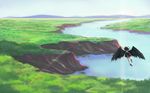  black_wings blurry cliff commentary day fjsmu flying hat highres hill horizon landscape lens_flare light_rays river scenery shameimaru_aya skirt sky solo sunlight tokin_hat touhou wide_shot wings 
