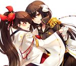  azur_lane black_hair blush brown_hair buttons commentary_request dress epaulettes gloves hair_between_eyes hair_ornament hand_on_another's_hip horns japanese_clothes long_hair long_sleeves looking_at_viewer mikasa_(azur_lane) military military_uniform mohuta1203 multiple_girls ponytail smile uniform very_long_hair white_gloves wide_sleeves zuikaku_(azur_lane) 