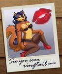  2017 absurd_res anthro areola blue_hair bra breasts canine carmelita_fox clothed clothing drako1997 ear_piercing english_text female footwear fox hair hi_res high_heels legwear lingerie lipstick long_hair looking_at_viewer makeup mammal mole_(marking) nipples one_eye_closed piercing shoes sly_cooper_(series) smile solo stockings text underwear video_games wink 