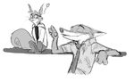  &lt;3 2016 4_fingers anthro canine clothed clothing digital_drawing_(artwork) digital_media_(artwork) disney dravening eyes_closed fox fur greyscale leaning leaning_back male mammal monochrome necktie nick_wilde red_fox rodent simple_background sketch smile squirrel white_background zootopia 