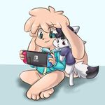  2017 anthro black_nose blue_eyes canine clothed clothing cute digital_media_(artwork) dog duo earth_fox earthb-kun fennec fox fur game_console hair male mammal nintendo open_mouth red_eyes simple_background smile solo sweater video_games 