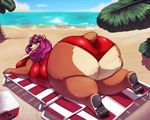  2017 beach bear big_breasts big_butt bikini black_pawpads breast_rest breasts butt clothing cooler eyewear female hair huge_butt kingdomfiend long_hair looking_at_viewer looking_back lying mammal mangoicy on_front overweight pawpads presenting presenting_hindquarters sand seaside side_boob smile solo sunglasses swimsuit thick_thighs tree water 