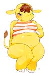  animal_crossing anthro bebebebebe big_breasts blush bottomless breasts clothed clothing elephant eloise_(animal_crossing) female hair mammal nintendo overweight purple_eyes shirt short_stack simple_background slightly_chubby solo toto_(artist) video_games white_background yellow_skin 