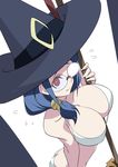  absurdres bikini blue_hair breasts broom closed_mouth flying_sweatdrops glasses half_opaque_glasses hat highres huge_breasts little_witch_academia long_hair looking_at_viewer red_eyes simple_background smile solo swimsuit tokiani ursula_charistes white_background white_bikini witch_hat 
