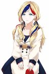  alternate_hairstyle beret black_ribbon black_skirt blonde_hair blue_eyes blue_hair collarbone commandant_teste_(kantai_collection) hair_ribbon hat highres jacket kantai_collection long_hair long_sleeves low_twintails morinaga_miki multicolored_hair pleated_skirt pom_pom_(clothes) red_hair ribbon simple_background skirt solo streaked_hair twintails white_background white_hair white_jacket 
