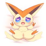  &lt;3 &lt;3_eyes 2017 3_fingers anus blue_eyes blue_sclera blush cotora fangs female feral gaping gaping_pussy legendary_pok&eacute;mon mammal nintendo open_mouth pok&eacute;mon pok&eacute;mon_(species) presenting presenting_pussy pussy pussy_juice simple_background spread_legs spreading victini video_games 