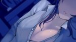  black_hair blurry breasts cleavage depth_of_field dutch_angle game_cg head_out_of_frame indoors large_breasts lips long_sleeves lying night non-web_source on_side original parted_lips partially_unbuttoned sidelocks solo walzrj 