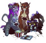  2017 anthro breasts digital_media_(artwork) doughnut ear_piercing feline female food fur gaming group group_sex h-e-l-y hair horn lying mammal nipple_piercing nipples nude open_mouth pawpads piercing playing_videogame popcorn pussy sex simple_background sitting skinny teeth threesome tongue video_games white_background 