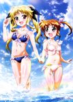  absurdres artist_request ass_visible_through_thighs bikini blonde_hair blue_bikini blue_sky blush breasts brown_hair cloud collarbone day eyebrows_visible_through_hair fate_testarossa front-tie_bikini front-tie_top hair_ribbon highres holding_hands long_hair looking_at_another lyrical_nanoha mahou_shoujo_lyrical_nanoha multiple_girls navel nyantype official_art open_mouth outdoors pink_hair purple_eyes red_eyes ribbon shiny shiny_hair shiny_skin sky small_breasts splashing swimsuit takamachi_nanoha twintails very_long_hair walking water 