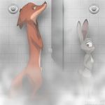  2017 animal_genitalia anthro blush breasts canine dipstick_ears disney duo female fluffytuft_(artist) fox fully_sheathed fur gloves_(marking) green_eyes hi_res judy_hopps lagomorph looking_back male mammal markings multicolored_tail nick_wilde nude purple_eyes rabbit sheath shower side_view small_breasts smile standing wet wet_fur zootopia 