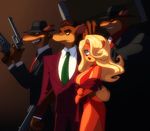  2017 anthro black_nose blonde_hair breasts cleavage clothed clothing crash_bandicoot_(series) dress eyeshadow fedora female fur gun hair handgun hat kempferzero makeup male mammal necktie pinstripe_potoroo pistol potoroo ranged_weapon revolver smile suit tawna_bandicoot video_games weapon 