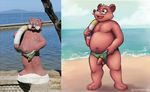  2017 anthro balls beach belly big_belly biped chub_(disambiguation) clothed clothing digital_media_(artwork) foreskin humanoid_penis male mammal mytigertail nipples nude open_mouth outside overweight paws penis photo sand sculpture seaside slightly_chubby smile solo standing statue swimsuit thick_thighs uncut water 