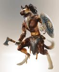  2017 african_painted_dog anthro barefoot black_nose brown_eyes canine clothing deadro digital_media_(artwork) digitigrade holding_object holding_weapon loincloth male mammal shield simple_background solo tribal_clothing weapon 