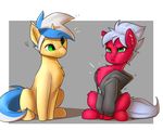  2017 blue_hair captainpudgemuffin clothing creamy_pinch digital_media_(artwork) duo equine fan_character feral fur green_eyes grey_hair hair hoodie horn mammal melon_frost my_little_pony red_fur simple_background sitting unicorn 