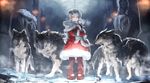  boots breath cold dress fur_trim grey_eyes hair_ornament hairclip looking_at_viewer mittens na_(oagenosuke) original pantyhose pigeon-toed red_dress red_footwear red_legwear silver_hair smile snow solo standing stuffed_animal stuffed_toy stuffed_wolf wolf 