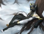  2017 5_fingers angiewolf anthro black_fur black_nose canine day detailed_background digital_media_(artwork) dog fur male mammal outside sitting snow solo yellow_eyes 
