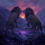  detailed_background duo eye_contact feline feral lion male mammal mountain purple_theme sandara sunset tagme 