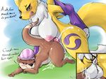  2017 anthro balls berry_ranieri big_breasts blush breasts cum cum_inside dialogue digimon duo english_text female herm herm/female intersex intersex/female mammal mustelid nipples otter penetration penis pussy renamon semi-anthro text vaginal vaginal_penetration xilrayne 