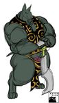  anubian_jackal big_muscles bulge canine clothing dick_slip digitigrade flaccid jackal khopesh loincloth male mammal melee_weapon muscular muscular_arms muscular_male paws penis penis_base small_head sword thick_neck thick_thighs vest weapon xatanlion 