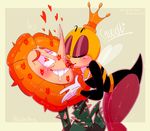  &lt;3 &lt;3_eyes 2017 anthro arthropod bee blush cagney_carnation clothing crown cuphead_(game) duo eyes_closed female flora_fauna flower gloves hi_res insect kiss_mark kissing lipstick looking_pleasured makeup male male/female necktie plant rumor_honeybottoms saliva spikes teeth video_games vintagemintcakes wings 