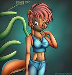  2014 anthro blue_eyes breasts cleavage clothed clothing dialogue english_text female hair mammal midriff mustelid ravewolf red_hair solo tentacles text weasel 
