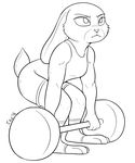  2016 anthro barbell black_and_white clothed clothing crouching disney ears_down exercise female holding_object judy_hopps lagomorph mammal monochrome rabbit signature simple_background solo tggeko weightlifting white_background workout zootopia 