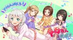  artist_request bang_dream! black_hair braid brown_eyes brown_hair cellphone followers green_eyes hazawa_tsugumi highres ichigaya_arisa lying multiple_girls official_art open_mouth pajamas phone playing_games purple_eyes shirokane_rinko short_hair sitting smartphone twin_braids twintails wakamiya_eve wavy_mouth white_background 