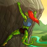  amber_eyes anthro athletic barefoot black_shorts blue_topwear bra climbing clothing female forest gecko hair hill kostos_art ledge lizard midriff mountain nature outside red_hair reptile river scalie shorts solo sports_bra spots tiana tree underwear 