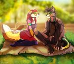  2017 4_toes anthro barefoot brown_hair bulge canine day detailed_background digital_media_(artwork) dipstick_tail dog duo female fox grass green_eyes hair male mammal multicolored_tail outside red_hair smile tai_lung_(artist) toes 