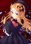  abigail_williams_(fate/grand_order) bad_id bad_pixiv_id bangs black_bow black_dress black_hat blonde_hair blue_eyes bow bug butterfly closed_mouth commentary dress fate/grand_order fate_(series) frilled_sleeves frills hair_bow hat highres insect long_hair long_sleeves looking_at_viewer orange_bow parted_bangs red_background sleeves_past_fingers sleeves_past_wrists solo stuffed_animal stuffed_toy teddy_bear tsukiman very_long_hair 