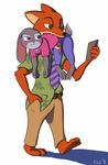  2016 anthro barefoot belt canine carrying cellphone clothed clothing disney duo female fox hand_in_pocket holding_object holding_phone judy_hopps lagomorph male mammal mouth_hold necktie nick_wilde phone rabbit signature simple_background tggeko walking white_background zootopia 