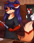  2017 anthro blue_eyes breasts brown_nose canine cat chessi clothed clothing detailed_background digital_media_(artwork) duo feline female fox hair holding_object holding_weapon knife mammal purple_hair red_eyes red_hair weapon 