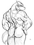  2017 anthro biceps big_muscles black_and_white butt canine cold_water fur he_(mde) hi_res looking_at_viewer male mammal mde monochrome muscular muscular_male nude pecs pencil_(artwork) scratch simple_background smile solo standing traditional_media_(artwork) tuft white_background wolf 