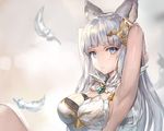  animal_ears armpits arms_behind_head arms_up bangs bare_back bare_shoulders blue_eyes blunt_bangs blurry blush breasts brooch cleavage detached_collar diamond-shaped_pupils eyebrows_visible_through_hair feathers gem granblue_fantasy hair_ornament jewelry korwa large_breasts long_hair looking_at_viewer medium_breasts momoko_(momopoco) parted_lips sideboob silver_hair simple_background sleeveless solo straight_hair symbol-shaped_pupils teeth upper_body 