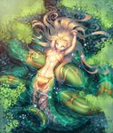  2017 animal_humanoid arms_above_head blonde_hair breasts female forked_tongue green_eyes green_scales hair hi_res humanoid lamia littlepaw long_hair long_tail looking_at_viewer monster_girl_(genre) naga navel nipples reptile scales scalie slit_pupils snake snake_humanoid solo tongue tongue_out water wide_hips yellow_scales 