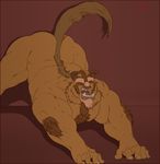  2017 all_fours anthro arm_hair beard beast_(disney) bent_over body_hair brown_fur burrserk chest_hair disney eyes_closed facial_hair fur horn male mammal monster muscular nude open_mouth raised_tail red_background simple_background solo stretching teeth 
