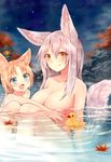  :d absurdres animal_ears bangs bathing blonde_hair blue_eyes blush breasts closed_mouth commentary_request eyebrows_visible_through_hair fox_ears fox_girl highres large_breasts leaf long_hair looking_at_viewer maple_leaf multiple_girls nude onsen open_mouth orange_eyes original outdoors partially_submerged pink_hair rubber_duck sidelocks silver_hair smile steam stone_lantern sukemyon tail wet wet_hair yellow_eyes 