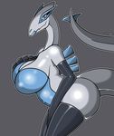  anthro belly big_breasts big_butt big_hands blue_eyes breasts butt canastus clothing dragon female gloves grey_skin leather legendary_pok&eacute;mon legwear lipstick lugia makeup navel nintendo non-mammal_breasts nude overweight pok&eacute;mon pok&eacute;mon_(species) simple_background solo stockings tall video_games wide_hips 
