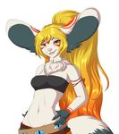  2017 anthro bandeau big_ears bourbon._(artist) breasts clothed clothing digital_media_(artwork) female fur mammal midriff navel pink_nose red_eyes simple_background smile solo white_background white_fur 