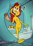  2017 4_fingers amputee anthro barefoot bathtub bedroom_eyes breasts cat digital_media_(artwork) dr_hutchison feline female fur hair half-closed_eyes long_hair looking_at_viewer mammal navel nickelodeon nipples open_mouth pubes pussy red_hair rocko&#039;s_modern_life seductive shower smile solo sponge stripped_tail teeth tvma yellow_fur 