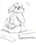  2017 animal_crossing anthro briefs butt canine clothing digby_(animal_crossing) dog fur hair liori mammal monochrome nintendo rear_view simple_background sitting solo traditional_media_(artwork) underwear video_games white_background 